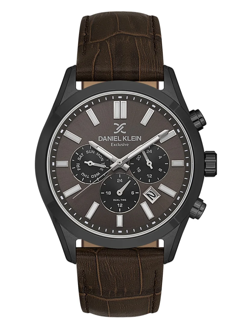 DANIEL KLEIN Men's Leather Black Alloy Case Analog Warm Grey Round Sunray Dial Japanese Quartz Exclusive 50 Meters Water Resistant
